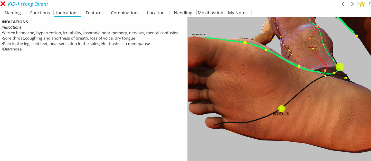 KID-1 a foot with acupressure point KID1 Hypertension, irritability, insomnia, poor memory, nervous, mental confusion.