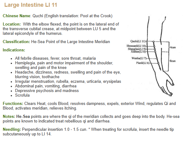 Information on the Large Intestine LI 11 acupuncture point with a diagram of the arm.