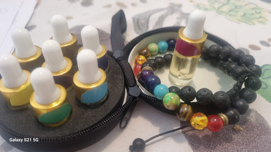 An aromatherapy essential oil blend set with various bottles and a diffuser bracelet, with a colorful beaded bracelet in the background.