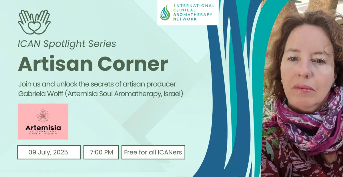 Promotional flyer for ICAN Spotlight Series featuring Gabriela Wolff and Artemisia Soul Aromatherapy.