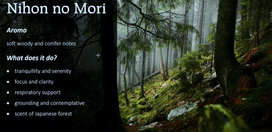 Forest scene with text about 'Nihon no Mori' fragrance