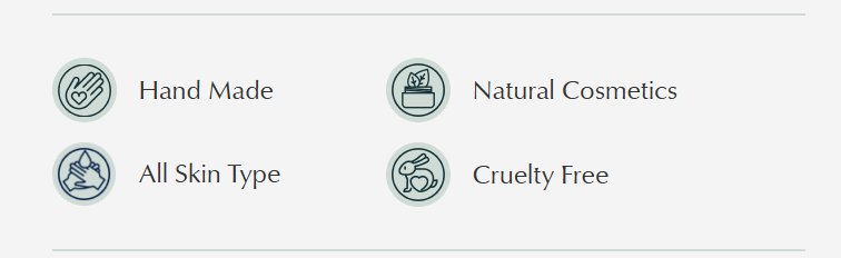 Icons and text indicating 'Hand Made', 'Natural Cosmetics', 'All Skin Type', and 'Cruelty Free' on a white background.