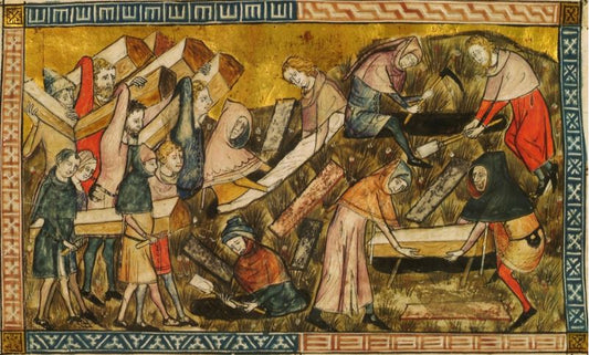 Miniature by Pierart dou Tielt illustrating the Tractatus quartus bu Gilles li Muisit (Tournai, c. 1353). The people of Tournai bury victims of the Black Death.