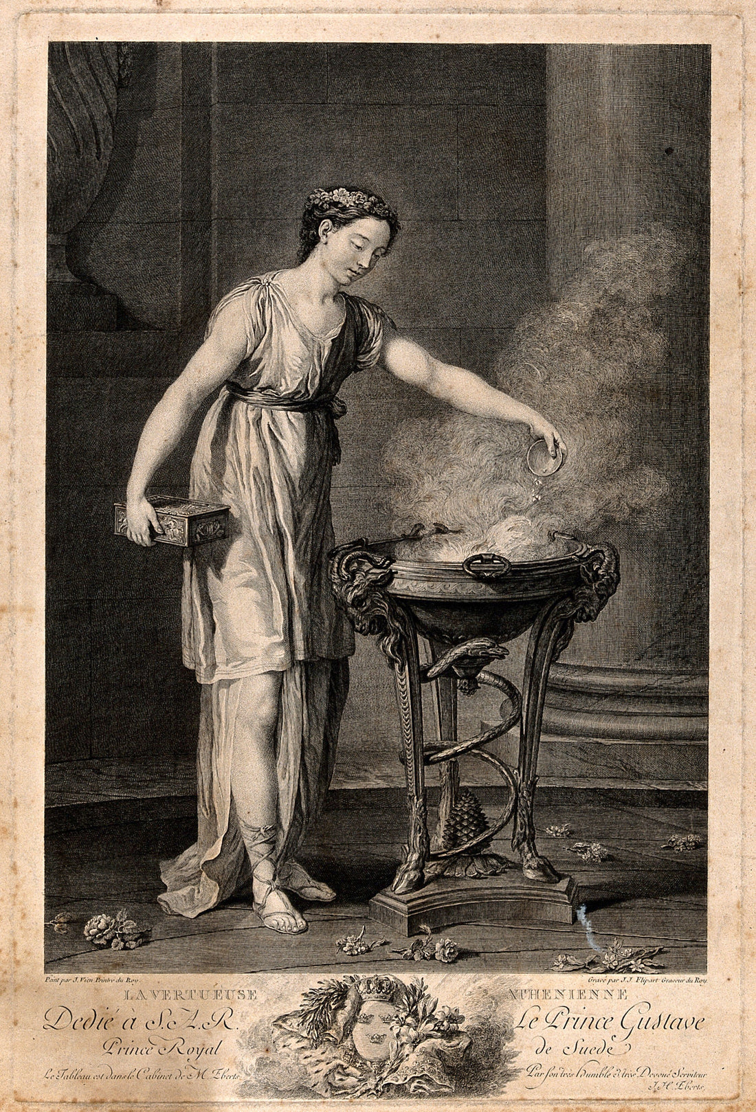 A woman pours incense from a small vessel onto a flaming tripod as smoke rises. Engraving by J. J. Flipart after J. M. Vien. אישה יוצקת קטורת מכלי קטן אל אש על מעמד תלת־רגלי, ועשן עולה. תחריט מאת J. J. Flipart על פי J. M. Vien.