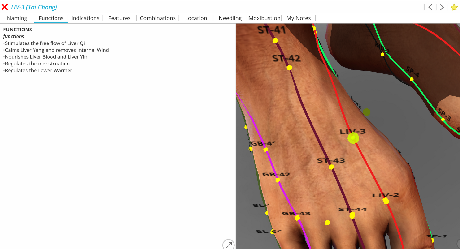 Tai Chong: Acupuncture point LIV-3 diagram on a person's arm with labeled points and lines.