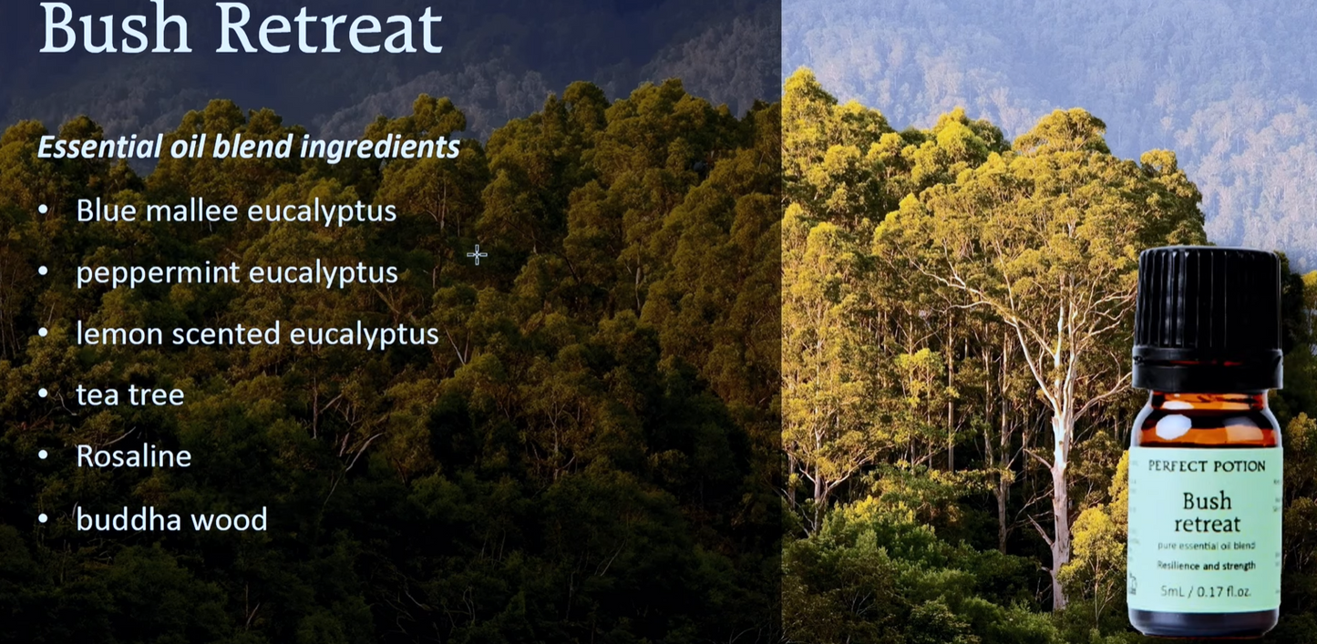Essential oil blend bottle labeled 'Bush Retreat' with a scenic background of trees.