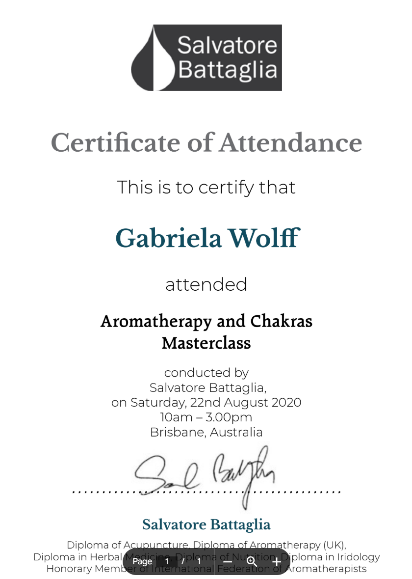 Certificate of Attendance for Aromatherapy and Chakras Masterclass with Salvatore Battaglia