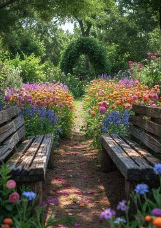A garden pathway lined with wooden benches on either side, featuring a colorful array of flowers and greenery in the background.