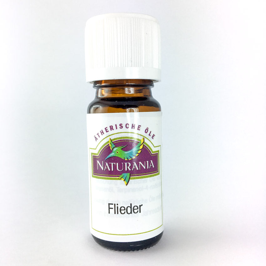 Bottle of Naturania Lilac/Flieder essential oil with a white background
