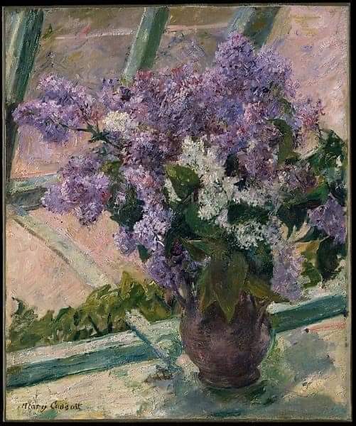 Painting of a bouquet of purple and white Lilac flowers in a vase on a textured surface.