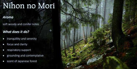 Forest scene with mist and text about 'Nihon no Mori' fragrance