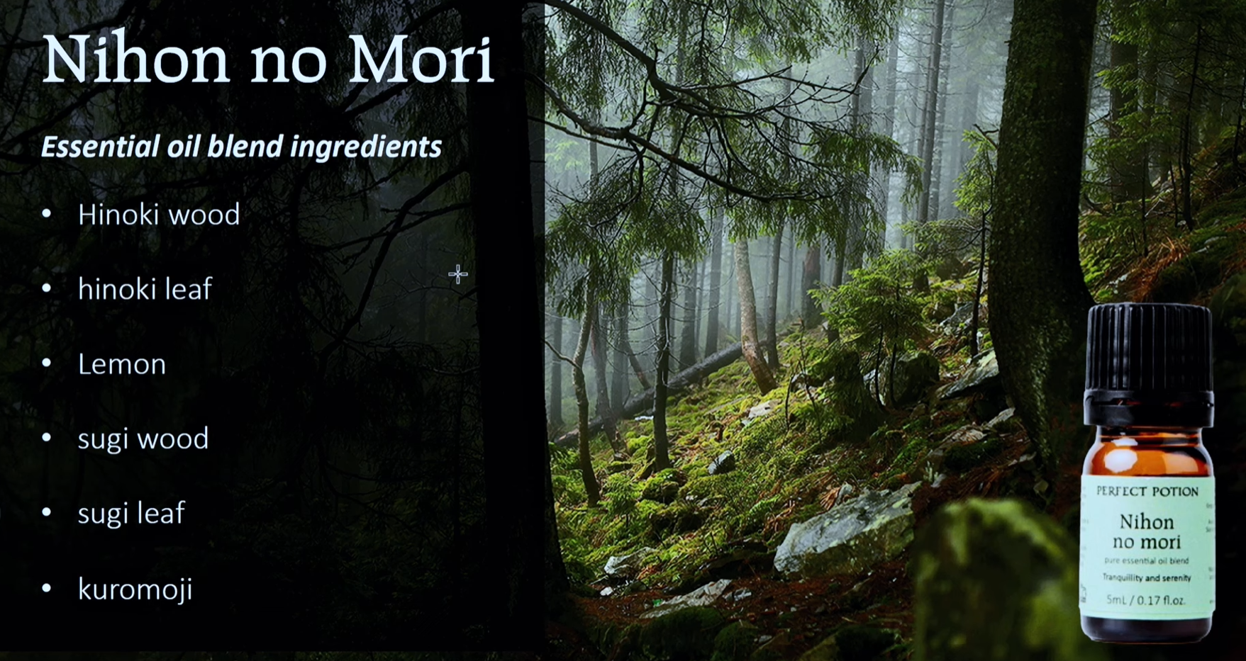 Nihon no Mori essential oil blend with ingredients listed and a forest scene in the background