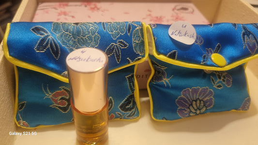 Small bottle of perfume with a blue floral embroidered case on a light background