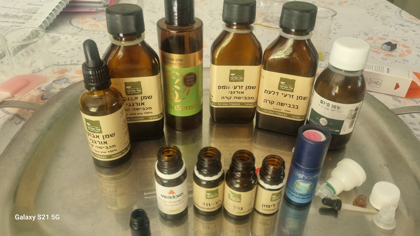 Collection of various bottles including oils and lotions on a metallic tray.