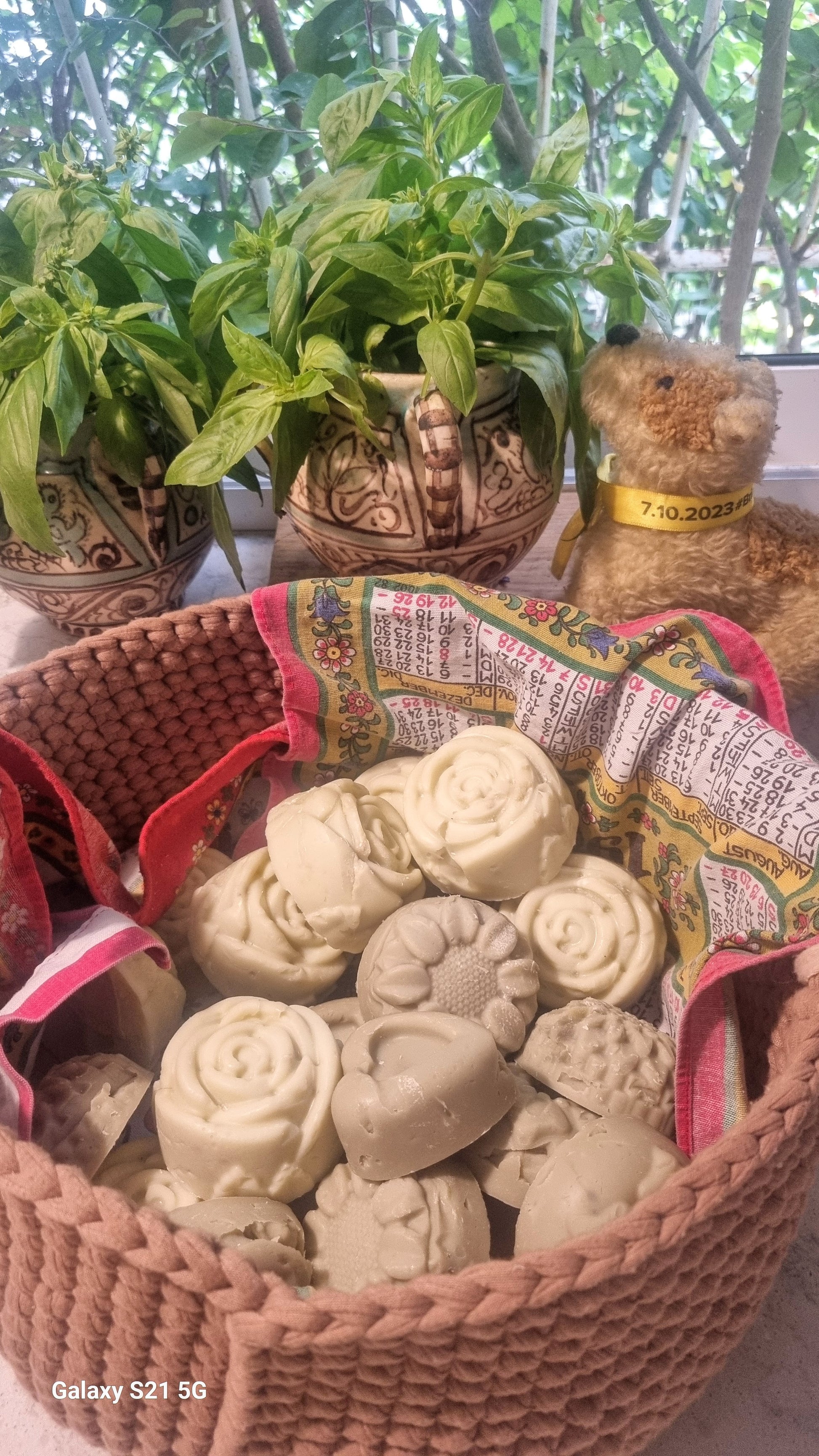 Soaps with Basil and October 2023 yellow ribbon and calendar
